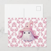 Schattige Ghost Pink Witch's Pet Roze & Wit Hallow Feestdagenkaart (Voorkant / Achterkant)