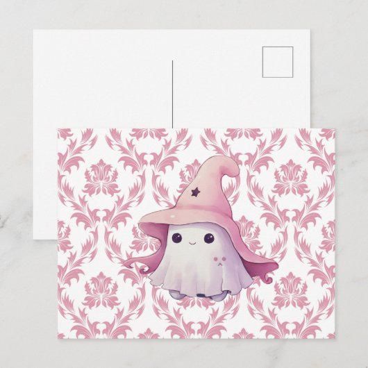 Schattige Ghost Pink Witch's Pet Roze & Wit Hallow Feestdagenkaart (Voorkant / Achterkant)