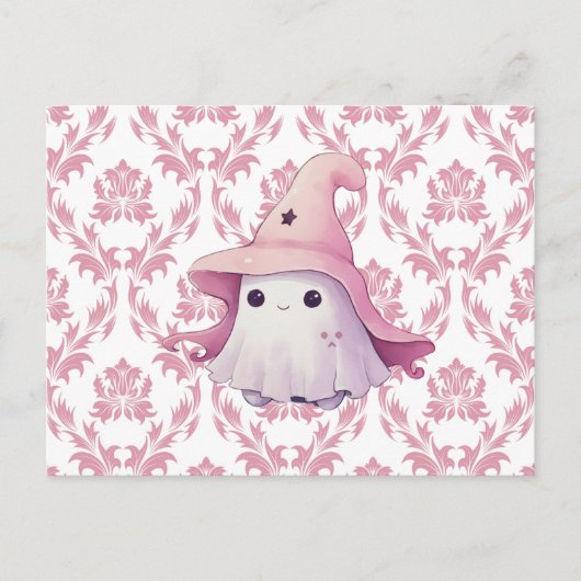 Schattige Ghost Pink Witch's Pet Roze & Wit Hallow Feestdagenkaart (Voorkant)