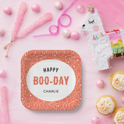 Schattige Ghosts Pattern Happy 'Boo-Day' gepersona Papieren Bordje (Feest)