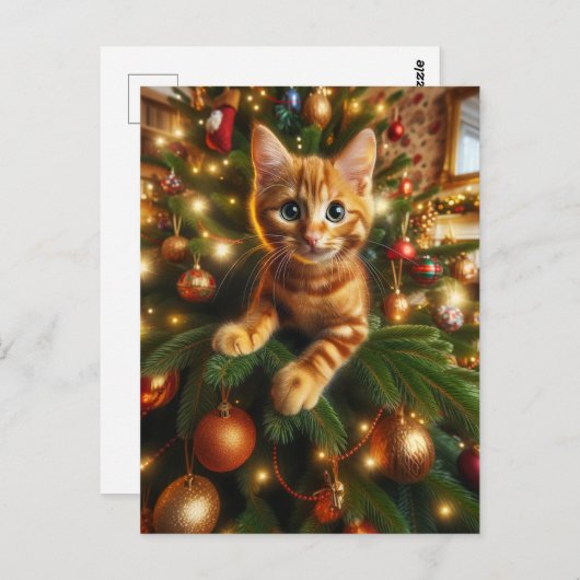 Schattige Ginger Kitten in een kerstboom Briefkaart (Voorkant / Achterkant)