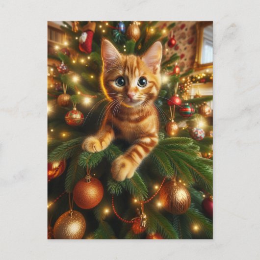 Schattige Ginger Kitten in een kerstboom Briefkaart (Voorkant)