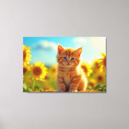 Schattige Ginger Kitten op het gebied van zonneblo Canvas Afdruk (Voorkant)