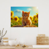 Schattige Ginger Kitten op het gebied van zonneblo Poster (Keuken)
