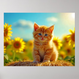 Schattige Ginger Kitten op het gebied van zonneblo Poster