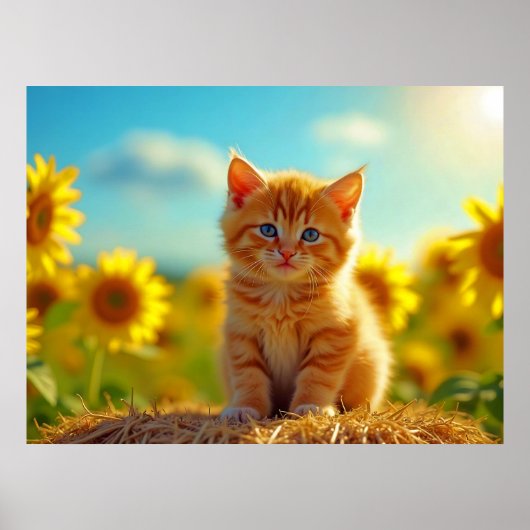 Schattige Ginger Kitten op het gebied van zonneblo Poster (Voorkant)