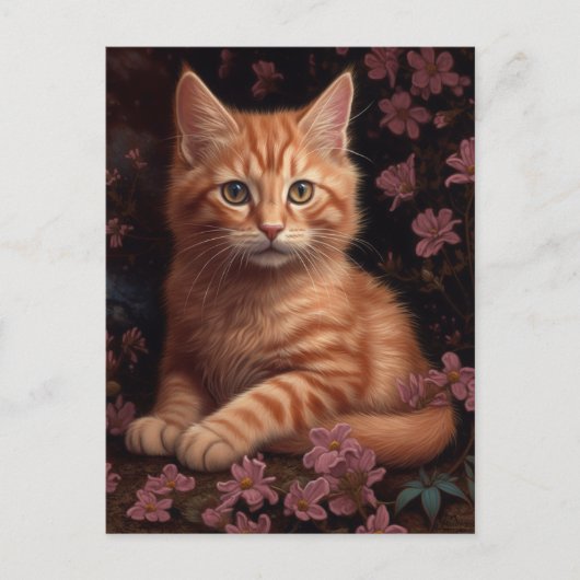 Schattige Ginger Kitten Pink Flowers Briefkaart (Voorkant)