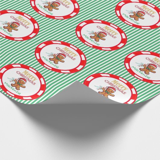 Schattige Gingerbread Christmas Aangepaste Naam Gr Cadeaupapier (Hoek)