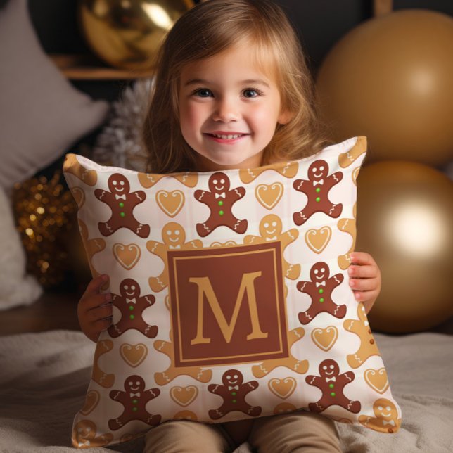 Schattige Gingerbread Man Monogram Kussen (Monogrammed Gingerbread man decorator Christmas/holiday pillow)