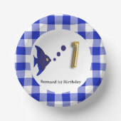 Schattige Gingham, Blauwe Vis & Ballon 1e Verjaard Papieren Kommen (Voorkant)