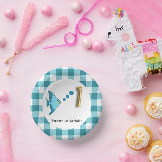 Schattige Gingham Blauwgroen Blauwe Vis & Ballon 1 Papieren Kommen (Feest)