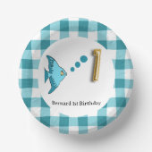 Schattige Gingham Blauwgroen Blauwe Vis & Ballon 1 Papieren Kommen (Voorkant)