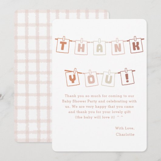 Schattige Gingham Boho Notedry Baby Shower Bedankkaart (Voorkant / Achterkant)
