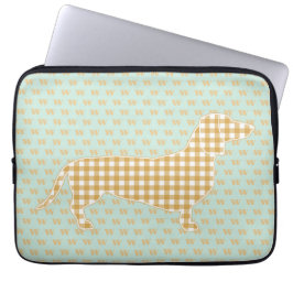 Schattige Gingham Dachshund Monogram Eend Blauw Laptop Sleeve