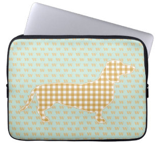 Schattige Gingham Dachshund Monogram Eend Blauw Laptop Sleeve