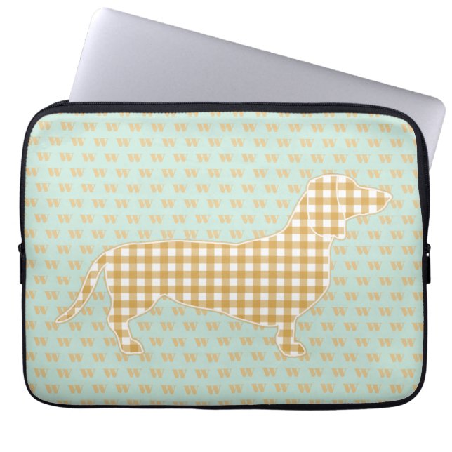 Schattige Gingham Dachshund Monogram Eend Blauw Laptop Sleeve (Voorkant)