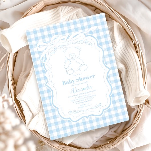 Schattige Gingham French Teddy Bear-Baby shower Kaart