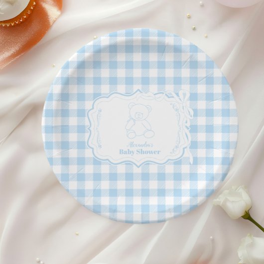 Schattige Gingham French Teddy Bear-Baby shower Papieren Bordje