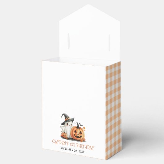 Schattige Gingham Halloween Ghost 1st Birthday Bedankdoosjes (Geopend)