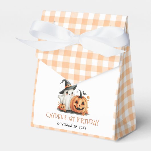 Schattige Gingham Halloween Ghost 1st Birthday Bedankdoosjes (Voorkant Zijde)