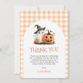 Schattige Gingham Halloween Ghost 1st Birthday Bedankkaart (Voorkant)