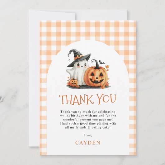 Schattige Gingham Halloween Ghost 1st Birthday Bedankkaart (Voorkant)