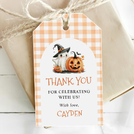 Schattige Gingham Halloween Ghost 1st Birthday Cadeaulabel