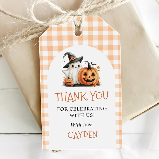 Schattige Gingham Halloween Ghost 1st Birthday Cadeaulabel