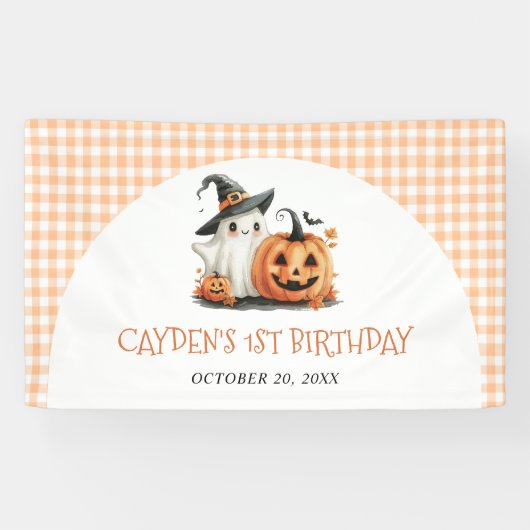 Schattige Gingham Halloween Ghost 1st Birthday Spandoek (Horizontaal)