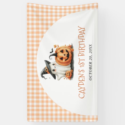Schattige Gingham Halloween Ghost 1st Birthday Spandoek (Verticaal)