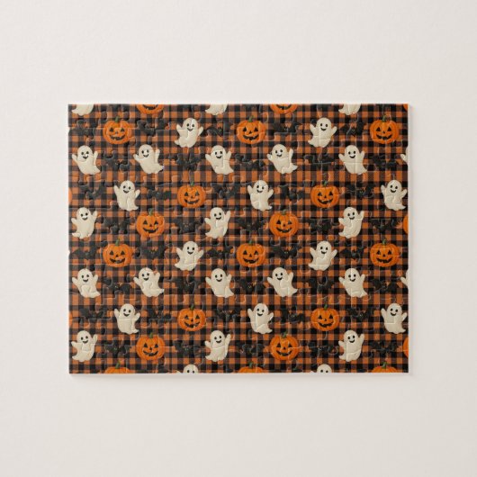Schattige, gingham Halloween spook pompoen vleermu Legpuzzel (Horizontaal)