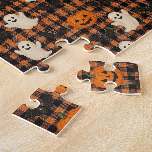 Schattige, gingham Halloween spook pompoen vleermu Legpuzzel (Zijkant)
