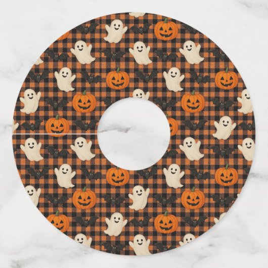 Schattige, gingham Halloween spook pompoen vleermu Wijnglaslabel (Voorkant)