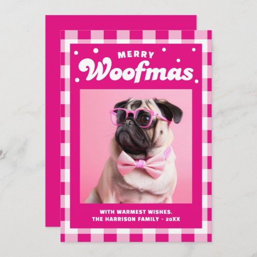Schattige Gingham Pattern Merry Woofmas Feestdagenkaart (Voorkant / Achterkant)