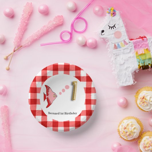 Schattige Gingham, Rode Vis & Ballon 1e Verjaardag Papieren Kommen (Feest)