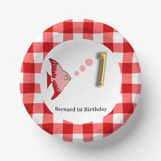 Schattige Gingham, Rode Vis & Ballon 1e Verjaardag Papieren Kommen (Voorkant)