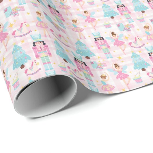 Schattige Gingham Roze Kerst Notenkraker Cadeaupapier (Rol Hoek)