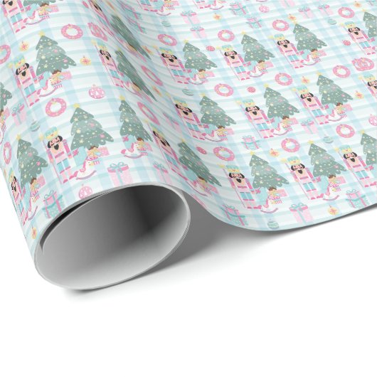 Schattige Gingham Roze Kerst Notenkraker Cadeaupapier (Rol Hoek)