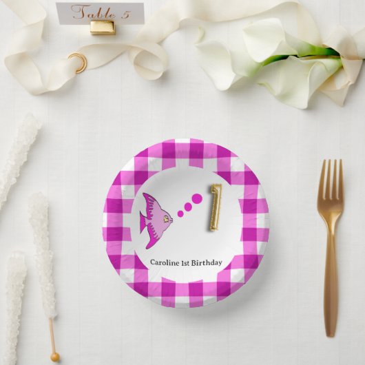 Schattige Gingham, Roze Vis & Ballon 1e Verjaardag Papieren Kommen (Huwelijk)
