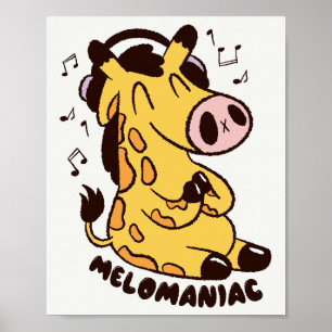 Schattige Giraf die naar Muziek Luistert Melomania Poster
