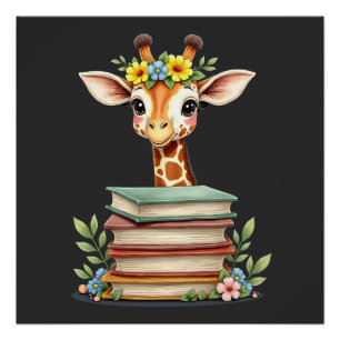 Schattige Giraf Met Bloem Boek Bloemen Boekenwurm  Perfect Poster