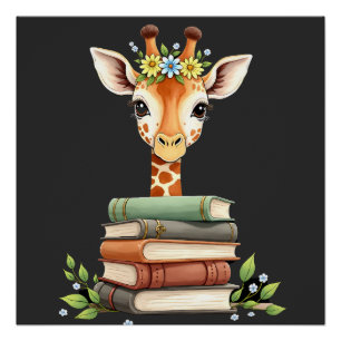 Schattige Giraf Met Bloem Boek Bloemen Boekenwurm Perfect Poster