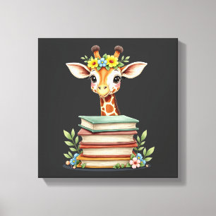 Schattige Giraf Met Bloem Boek Boekenwurm Biblioth Canvas Afdruk