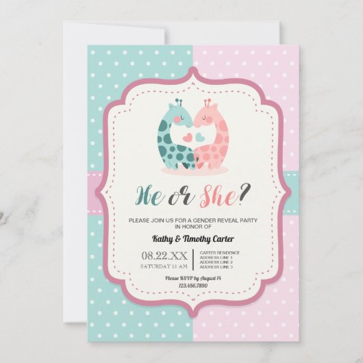 schattige giraf polka stipt sekse onthult partijha kaart (Voorkant)