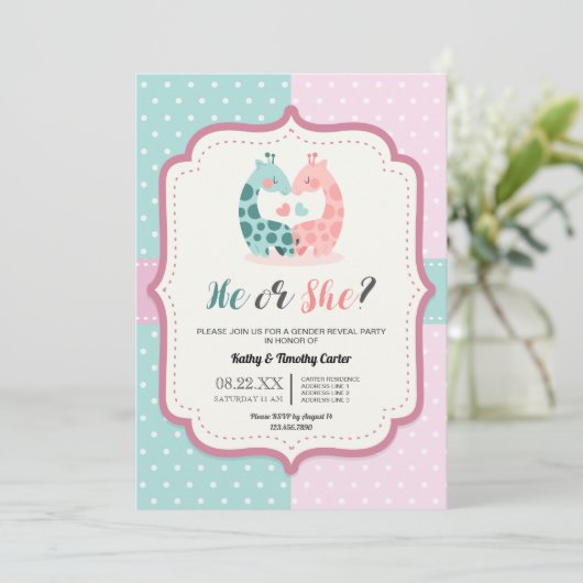 schattige giraf polka stipt sekse onthult partijha kaart (Staand voorkant)