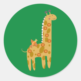 Schattige Giraffe Bird & Flowers Gold Oranje Green Ronde Sticker