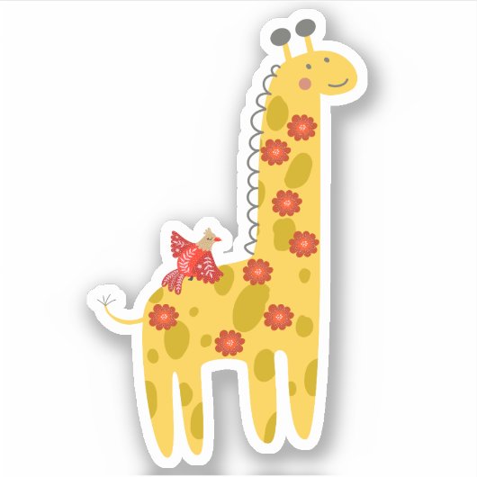 Schattige Giraffe en vogelbloemen Gele rode laptop Sticker (Voorkant)