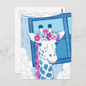 Schattige giraffe gefeliciteerd lichtblauwe popart briefkaart (Voorkant / Achterkant)