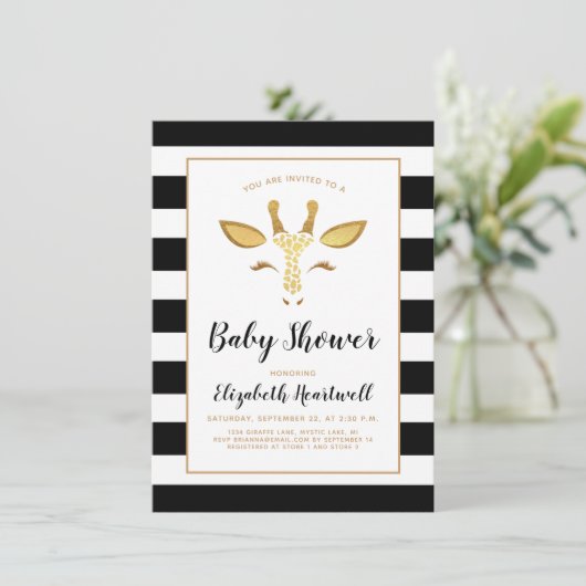 Schattige Giraffe Gezicht Goud Zwart Baby shower Kaart (Staand voorkant)