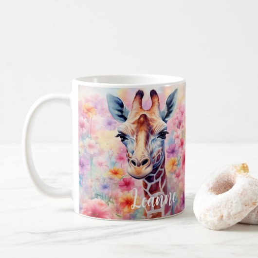 Schattige Giraffe Gezicht met Roze Bloemen Koffiemok (Met donut)